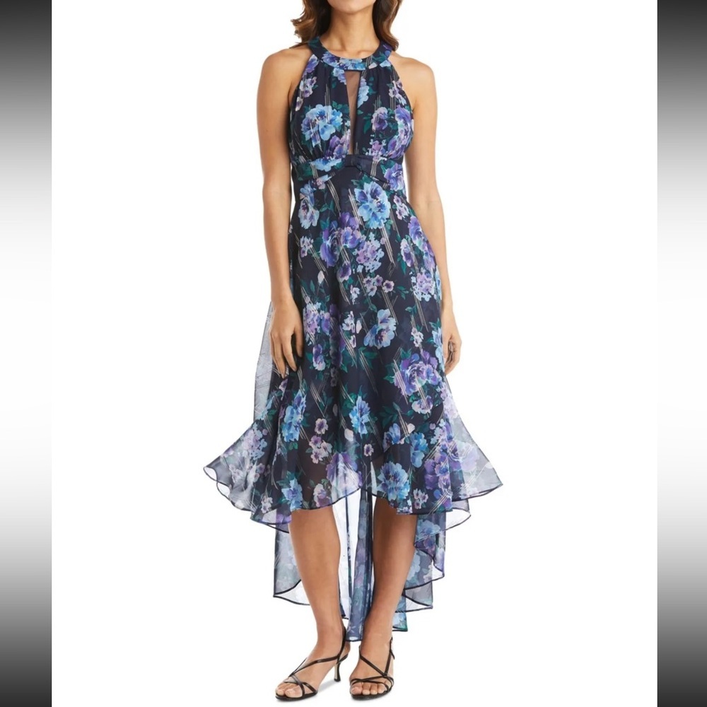 Women’s Formal Dress Size 10 NIGHTWAY Navy Fit+Flare Inset Ruffled Hi Lo Hem NEW